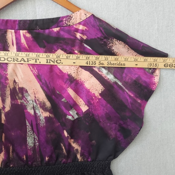 Rampage Satin Faux Wrap Top S Purple Black Boho Y2K Flutter Sleeve Smocked Waist - Picture 14 of 16